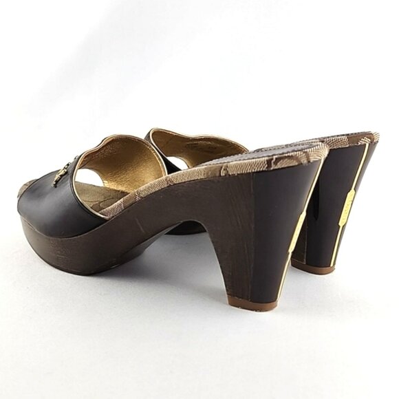 Coach Kathie Slides Dark Brown Leather Signature Log Mid Heel Size 8.5B - Picture 4 of 16